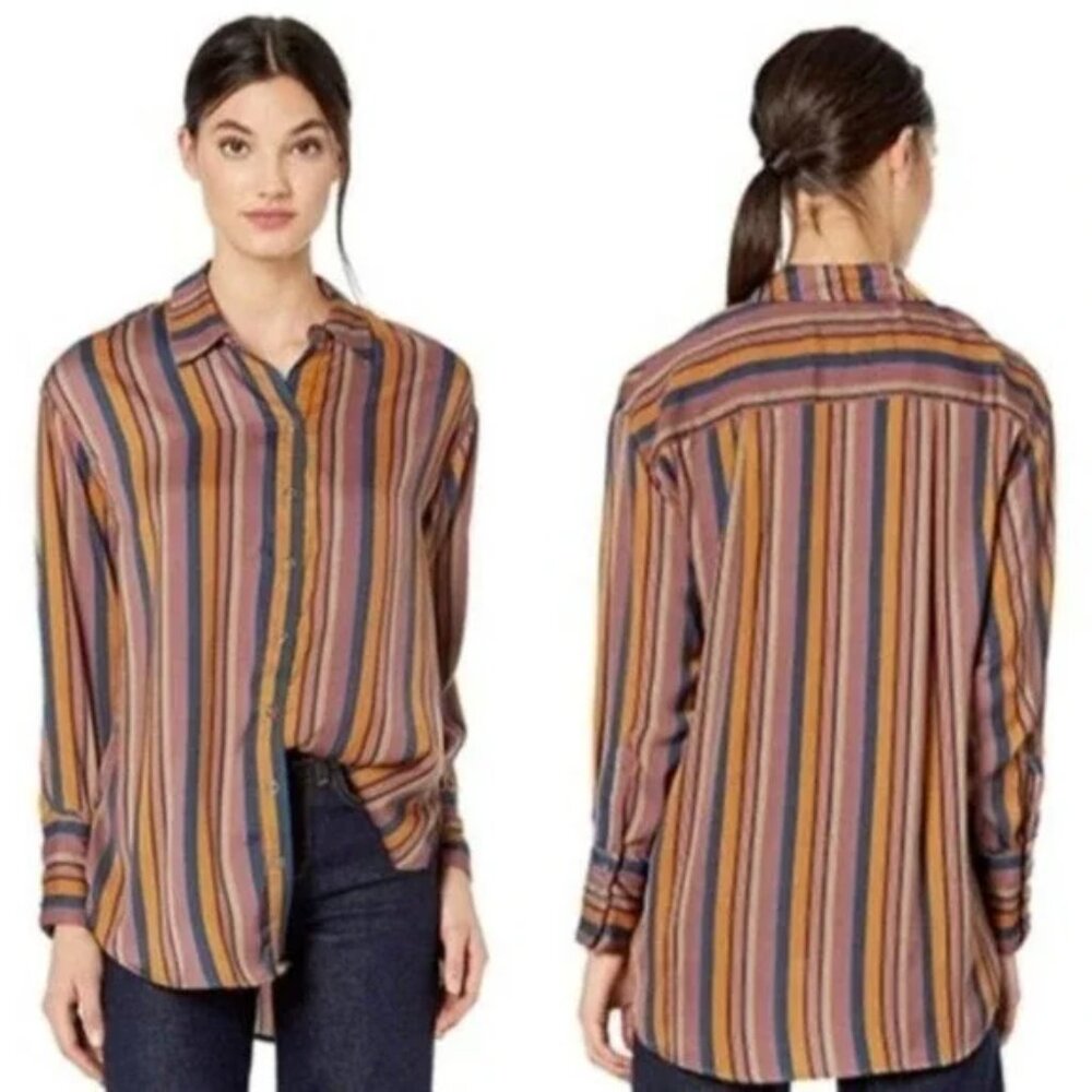 Free People Striped Satin Boyfriend Button-Down Shirt